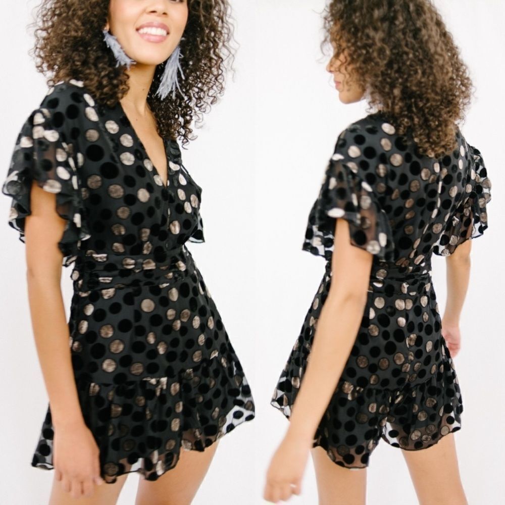 SAYLOR Revolve Black Burnout Velvet Polka Dot Roxanne Romper Sz M